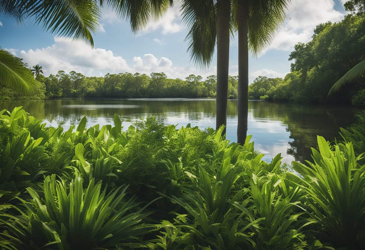 Lush green vegetation surrounds a calm, clear water body. A sign reads "Florida Fertilizer Restrictions June-September" on the shore. Wildlife thrives in the protected ecosystem